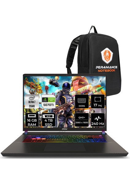 Msı Vector 17 Hx Aı Intel Core Ultra 7 255HX 16GB 4tb SSD RTX5070TI/12GB 140W 17" Qhd+ 240Hz Freedos Taşınabilir Bilgisayar & Per4 Çanta A2XWHG086TRP310