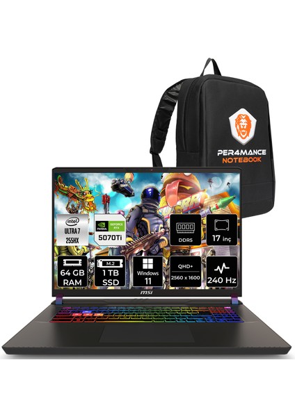 Msı Vector 17 Hx Aı Intel Core Ultra 7 255HX 64GB 1tb SSD RTX5070TI/12GB 140W 17" Qhd+ 240Hz Windows 11 HomeTaşınabilir Bilgisayar & Per4 Çanta A2XWHG086TRP373