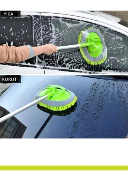 Çok fonksiyonlu mikrofiber yedek bezli teleskobik araç temizleme fırçası seti, sarı renk