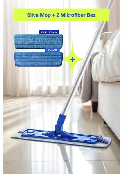 İki Parçalı Mikrofiber Mop Seti, kuru ve duvar temizliği için uygun, mavi renkli