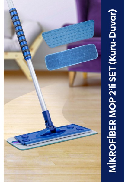 İki Parçalı Mikrofiber Mop Seti, kuru ve duvar temizliği için uygun, mavi renkli fiyatları