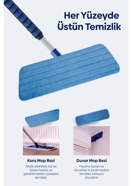 İki Parçalı Mikrofiber Mop Seti, kuru ve duvar temizliği için uygun, mavi renkli modelleri