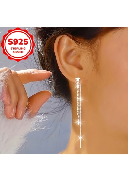 Elegant Sterling Silver Star Dangle Küpe - 4g Parlayan Uzun Püskül