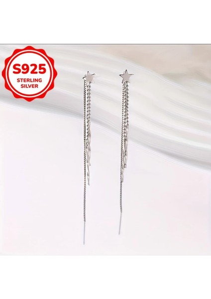 Elegant Sterling Silver Star Dangle Küpe - 4g Parlayan Uzun Püskül fiyatları