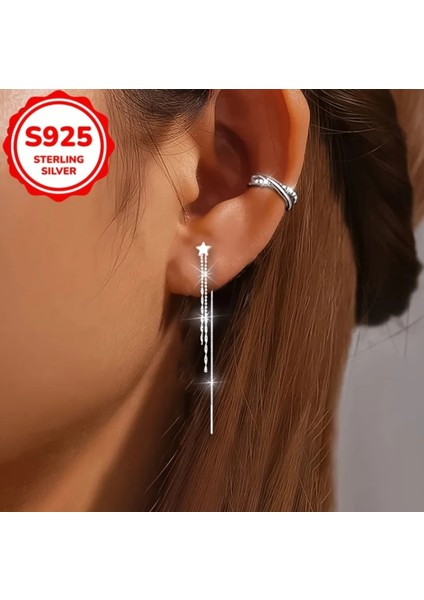 Elegant Sterling Silver Star Dangle Küpe - 4g Parlayan Uzun Püskül fırsatları