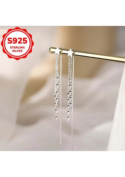 Elegant Sterling Silver Star Dangle Küpe - 4g Parlayan Uzun Püskül indirimleri
