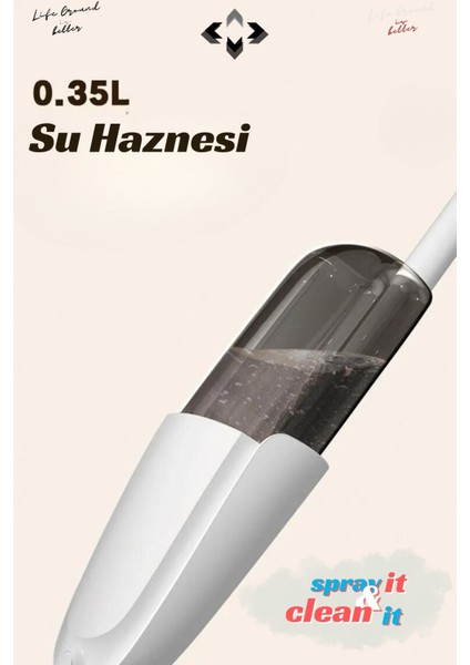 Dönen başlıklı mikro fiber sprey mop, 350 ml su hazneli, pratik temizlik seti, gri