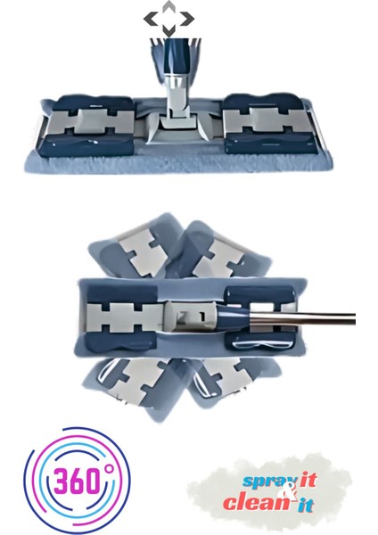 Dönen başlıklı mikro fiber sprey mop, 350 ml su hazneli, pratik temizlik seti, gri
