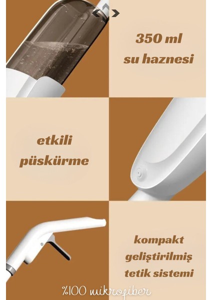 Dönen başlıklı mikro fiber sprey mop, 350 ml su hazneli, pratik temizlik seti, gri