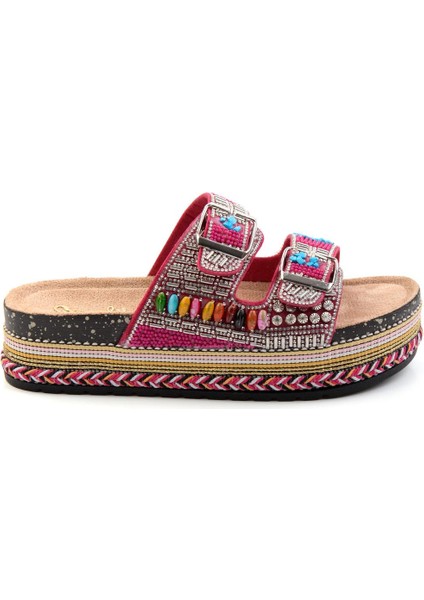Pembe Kadın Terlik Taşlı Düz Taban Konforlu Kullanım