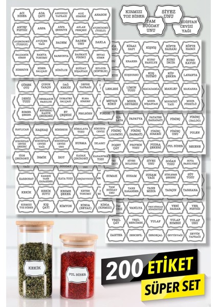 Suya dayanıklı 200 baharat ve kavanoz etiketi seti, mutfak düzeni için ideal, 200 ml