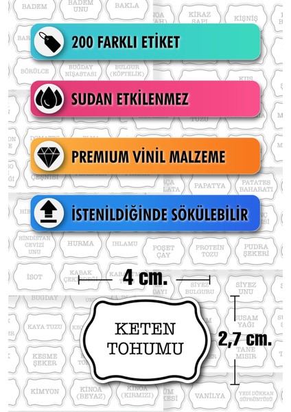 Suya dayanıklı 200 baharat ve kavanoz etiketi seti, mutfak düzeni için ideal, 200 ml