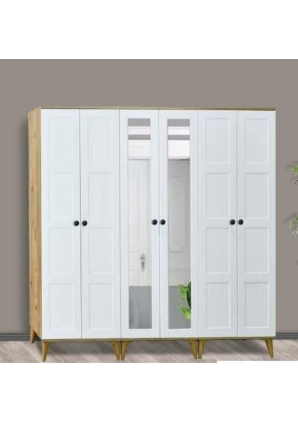 Kare Beyaz 5 Kapılı Aynalı Dolap