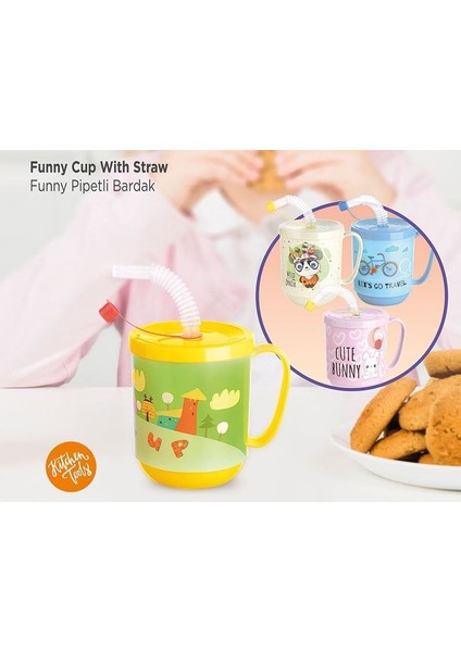 3 Adet Pipetli Çocuk Içecek Bardağı Desenli Bardak 350ML