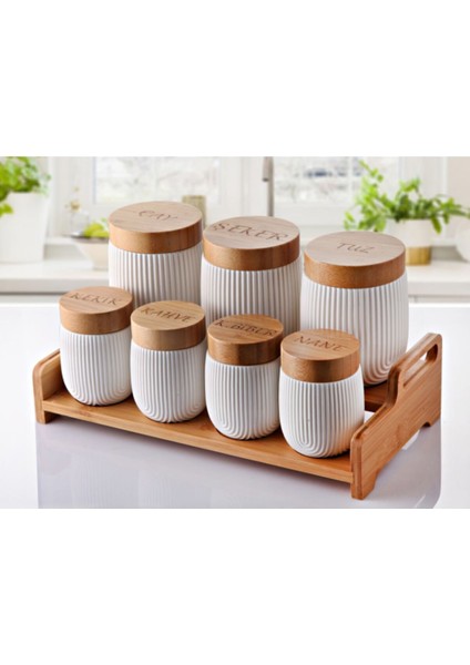 Bambu ve porselen baharatlık takımı, şık çizgili tasarım, 15 parça, 101-199 ml hacim