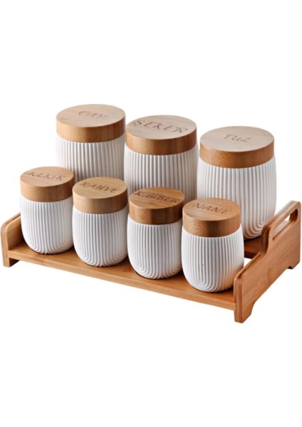 Bambu ve porselen baharatlık takımı, şık çizgili tasarım, 15 parça, 101-199 ml hacim modelleri