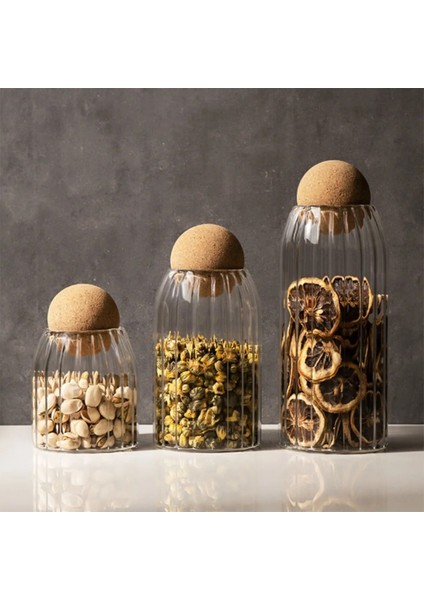 3'lü Çizgili Cam Kavanoz ve Baharatlık Seti, 500 ml, Top Mantar Kapaklı, Şık ve Kullanışlı