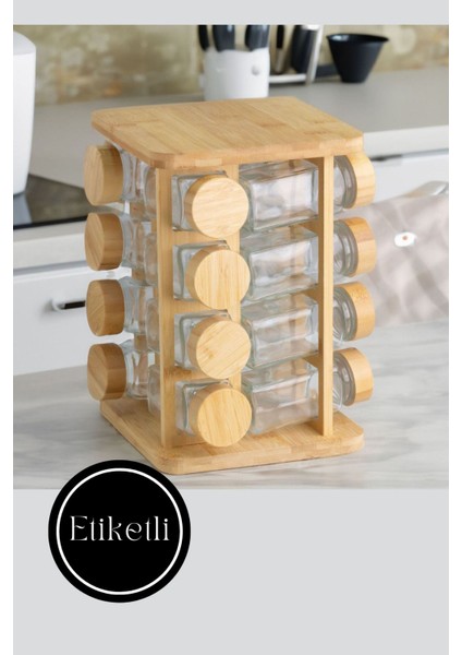 Bambu Döner Standlı 17 Parça Baharat Takımı, Cam Etiketli, 250-499 ml, Şık ve Kullanışlı