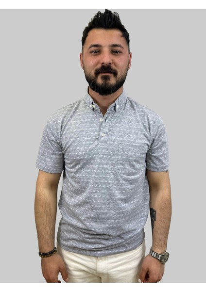 Erkek Bymn Desenli Cepli Polo Yaka Gri Tişört