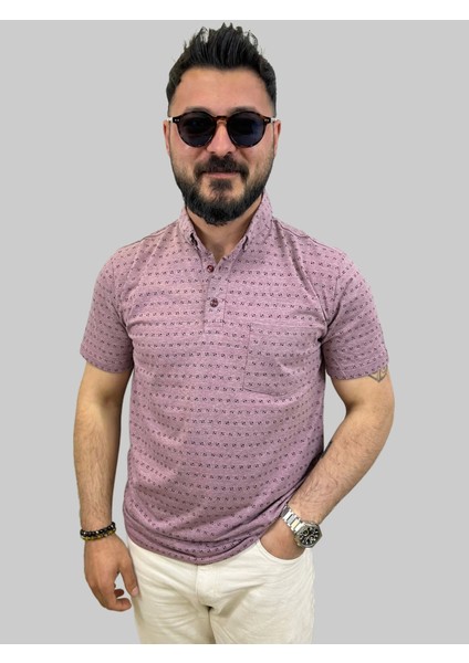 Erkek Bymn Desenli Cepli Polo Yaka Pembe Tişört