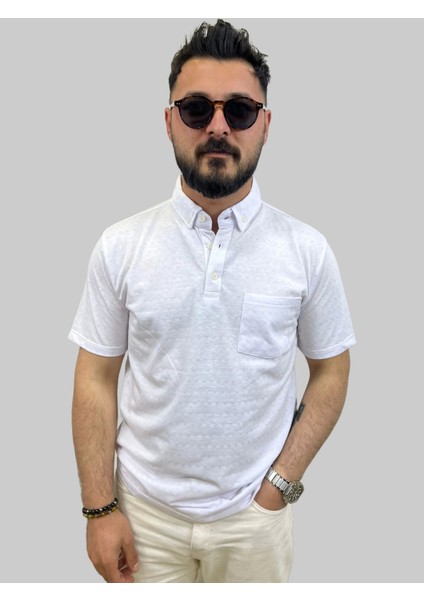 Erkek Bymn Desenli Cepli Polo Yaka Beyaz Tişört