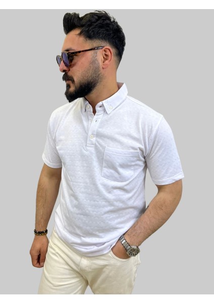 Erkek Bymn Desenli Cepli Polo Yaka Beyaz Tişört fırsatları