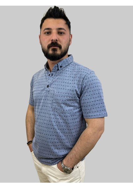 Erkek Bymn Desenli Cepli Polo Yaka Mavi Tişört