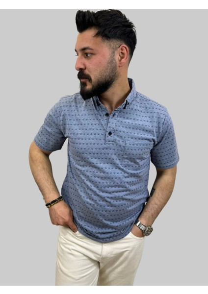 Erkek Bymn Desenli Cepli Polo Yaka Mavi Tişört fiyatları