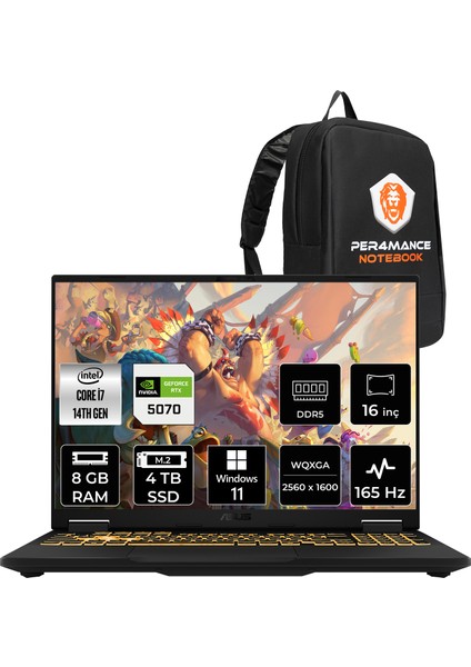 Tuf Gaming F16 Intel Core I7 14650HX 8gb 4tb SSD RTX5070/8GB 16" Qhd+ 165Hz Windows 11 Pro Taşınabilir Bilgisayar & Per4 Çanta FX608JPRQT002P385