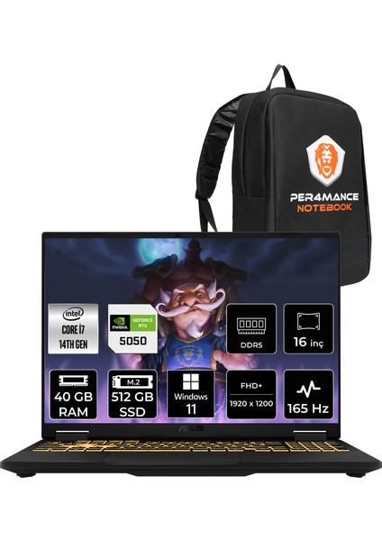 Tuf Gaming F16 Intel Core I5 13450HX 40GB 256GB SSD RTX5050/8GB 115W 16" Fhd+ 165Hz Windows 11 HomeTaşınabilir Bilgisayar & Per4 Çanta FX608JHRV010P361