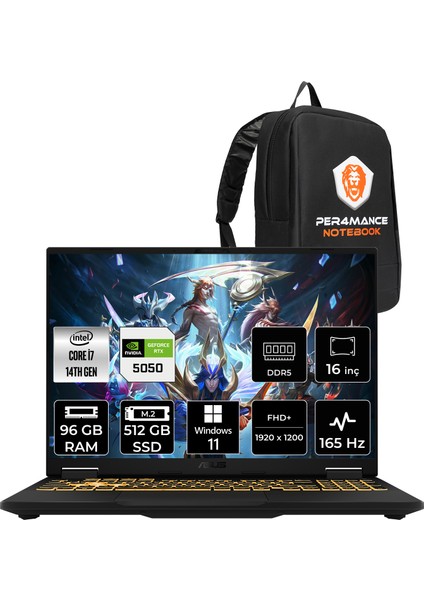 Tuf Gaming F16 Intel Core I7 14650HX 96GB 512GB SSD RTX5050/8GB 115W 16" Fhd+ 165Hz Windows 11 HomeTaşınabilir Bilgisayar & Per4 Çanta FX608JHRRV048P377