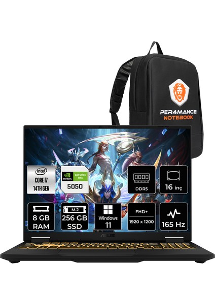 Tuf Gaming F16 Intel Core I7 14650HX 8gb 256GB SSD RTX5050/8GB 115W 16" Fhd+ 165Hz Windows 11 Pro Taşınabilir Bilgisayar & Per4 Çanta FX608JHRRV048P381
