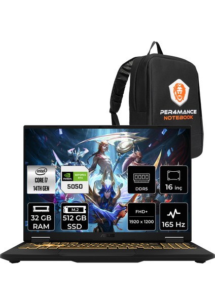 Tuf Gaming F16 Intel Core I7 14650HX 32GB 512GB SSD RTX5050/8GB 115W 16" Fhd+ 165Hz Freedos Taşınabilir Bilgisayar & Per4 Çanta FX608JHRRV048P317