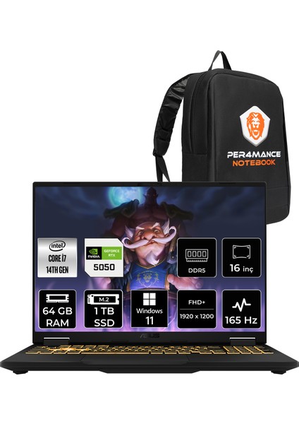 Tuf Gaming F16 Intel Core I5 13450HX 64GB 512GB SSD RTX5050/8GB 115W 16" Fhd+ 165Hz Windows 11 HomeTaşınabilir Bilgisayar & Per4 Çanta FX608JHRV010P372