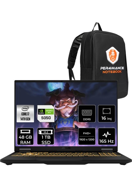 Tuf Gaming F16 Intel Core I5 13450HX 48GB 1tb SSD RTX5050/8GB 115W 16" Fhd+ 165Hz Freedos Taşınabilir Bilgisayar & Per4 Çanta FX608JHRV010P328