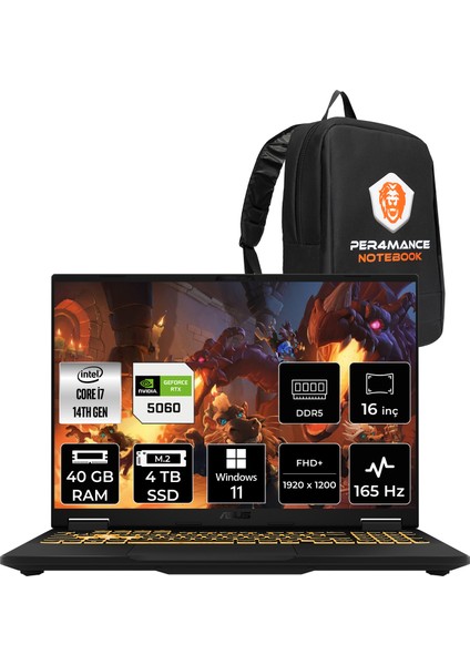 Tuf Gaming F16 Intel Core I7 14650HX 48GB 256GB SSD RTX5060/8GB 115W 16" Fhd+ 165Hz Windows 11 HomeTaşınabilir Bilgisayar & Per4 Çanta FX608JMRRV024P366