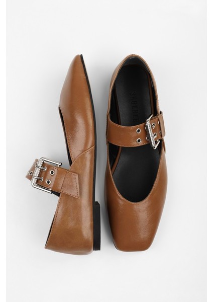 Kadın Vell Karamel Cilt Kemer Tokalı Babet