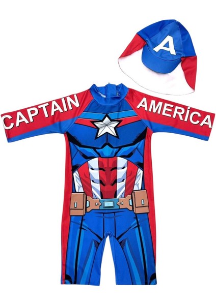 Erkek Çocuk Mavi Renk Kaptan Adam Desenli Güneş Korumalı Siper Şapkalı Fermuarlı Tulum Mayo