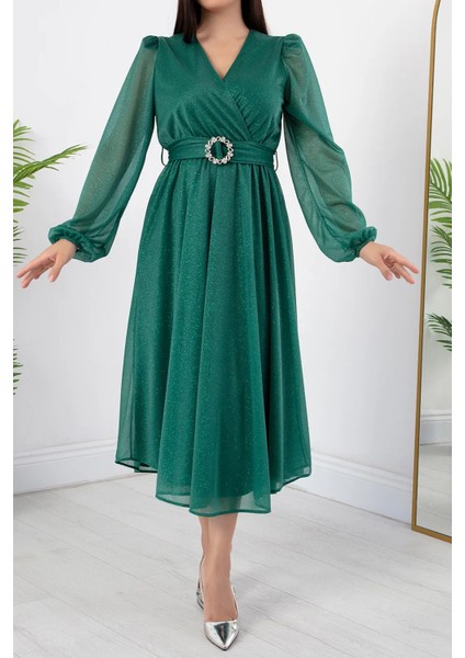 Kadın Kemer ve Vatka Detaylı Simli Midi Elbise RYMY3590