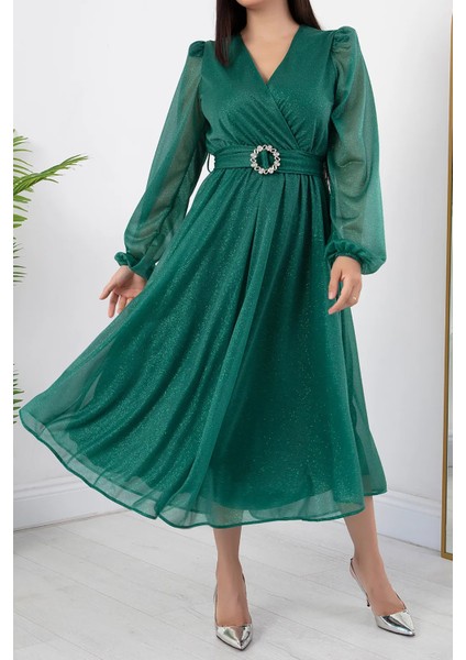Kadın Kemer ve Vatka Detaylı Simli Midi Elbise RYMY3590 fiyatları