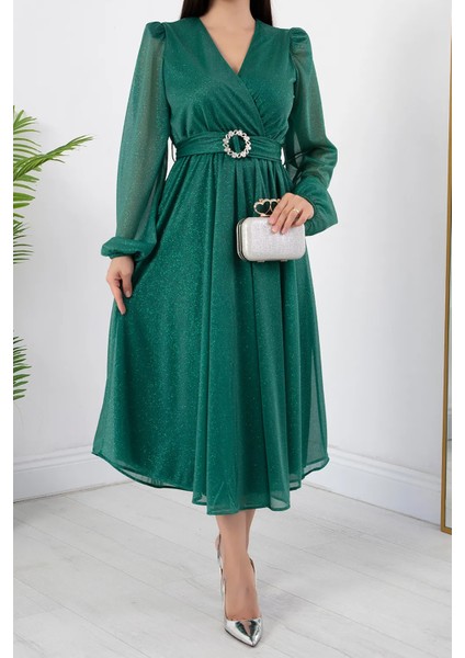 Kadın Kemer ve Vatka Detaylı Simli Midi Elbise RYMY3590 modelleri