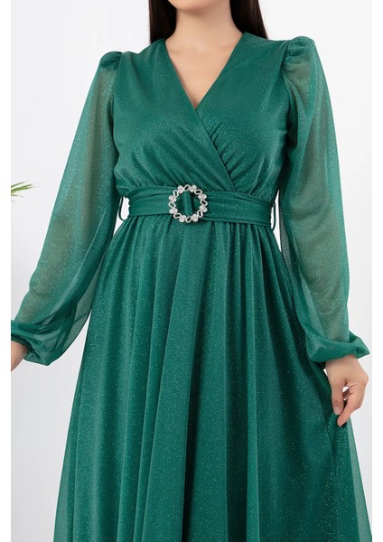 Kadın Kemer ve Vatka Detaylı Simli Midi Elbise RYMY3590 fırsatları