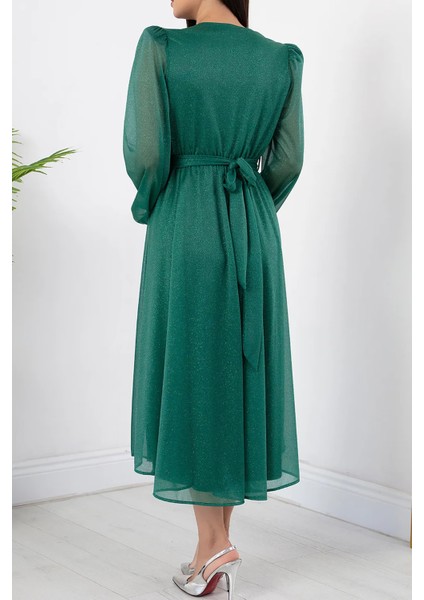 Kadın Kemer ve Vatka Detaylı Simli Midi Elbise RYMY3590 indirimleri