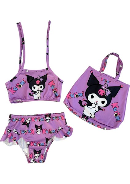 Kız Çocuk Mor Renk Kuromi Desenli Çantalı Mayo Seti
