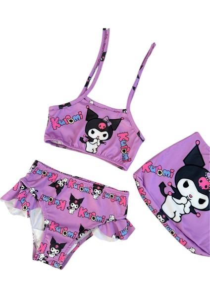 Kız Çocuk Mor Renk Kuromi Desenli Çantalı Mayo Seti fiyatları