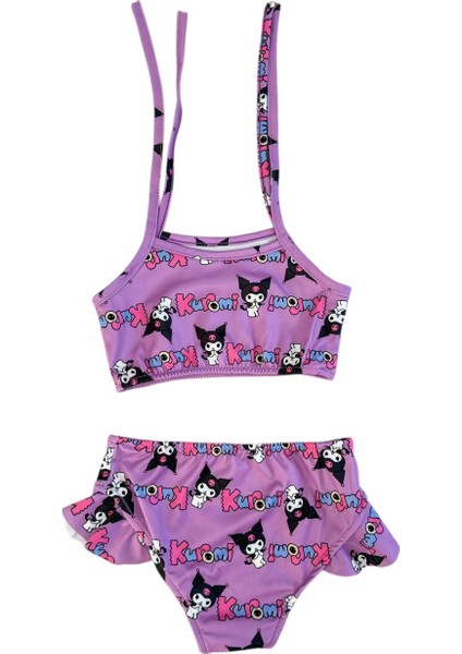 Kız Çocuk Mor Renk Kuromi Desenli Çantalı Mayo Seti modelleri