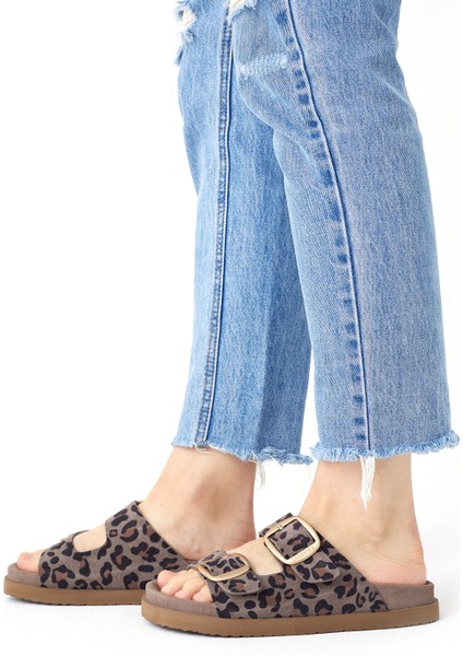 Hakiki Deri Kadın Terik Vizon Leopar Desen Çift Toklı Terlik Vandia