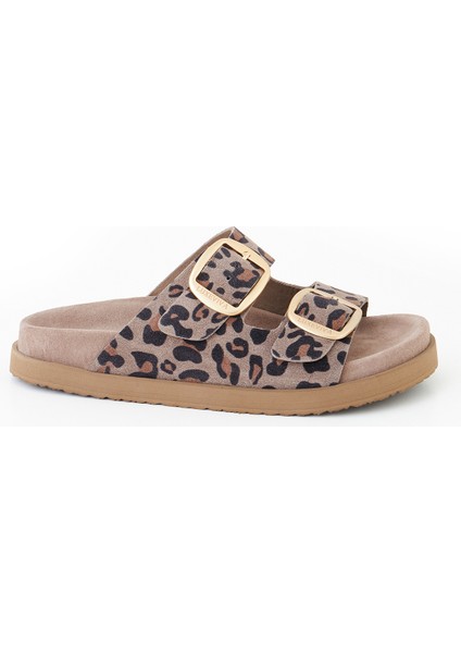 Hakiki Deri Kadın Terik Vizon Leopar Desen Çift Toklı Terlik Vandia fiyatları