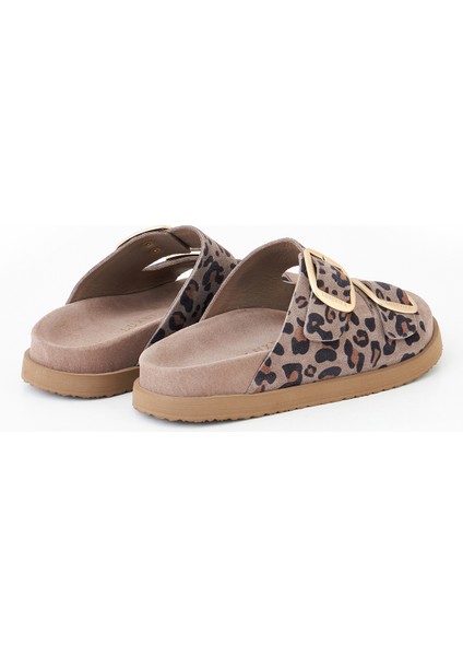 Hakiki Deri Kadın Terik Vizon Leopar Desen Çift Toklı Terlik Vandia fırsatları