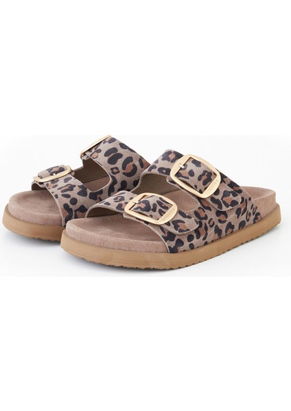 Hakiki Deri Kadın Terik Vizon Leopar Desen Çift Toklı Terlik Vandia indirimleri